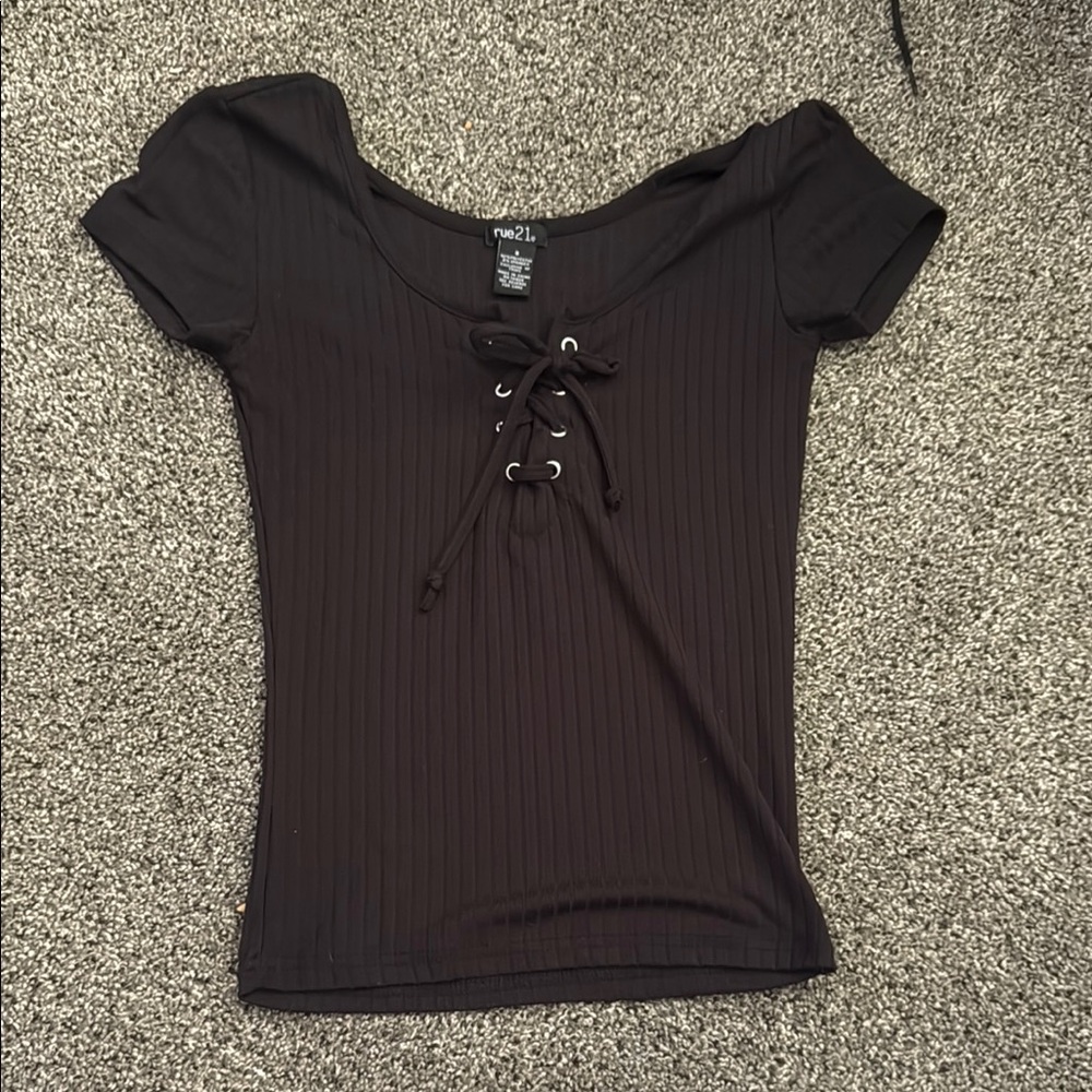 Rue21 Black Lace-Up Ribbed Top